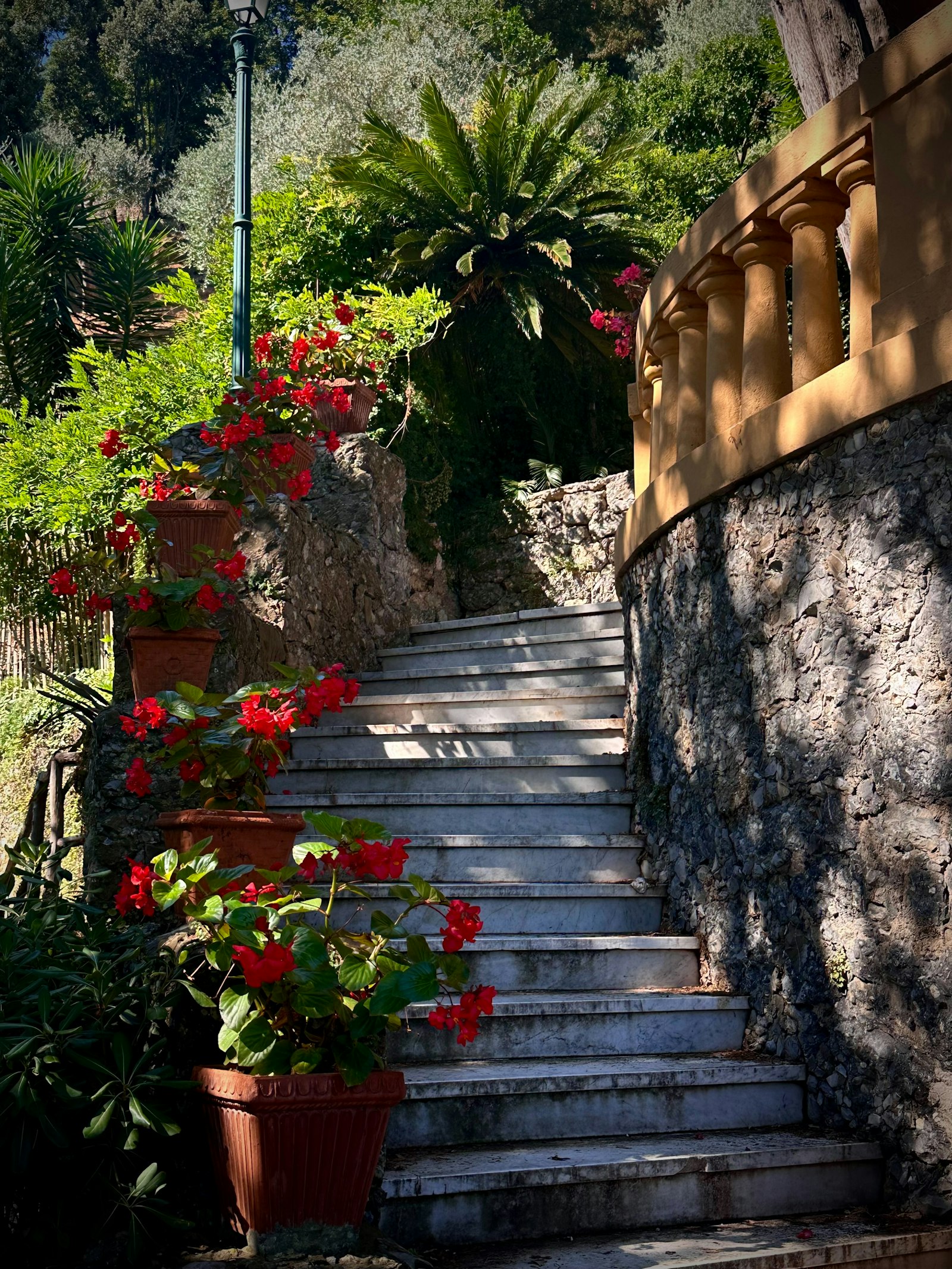 Escalier de pierre bordé de fleurs rouges à flanc de colline