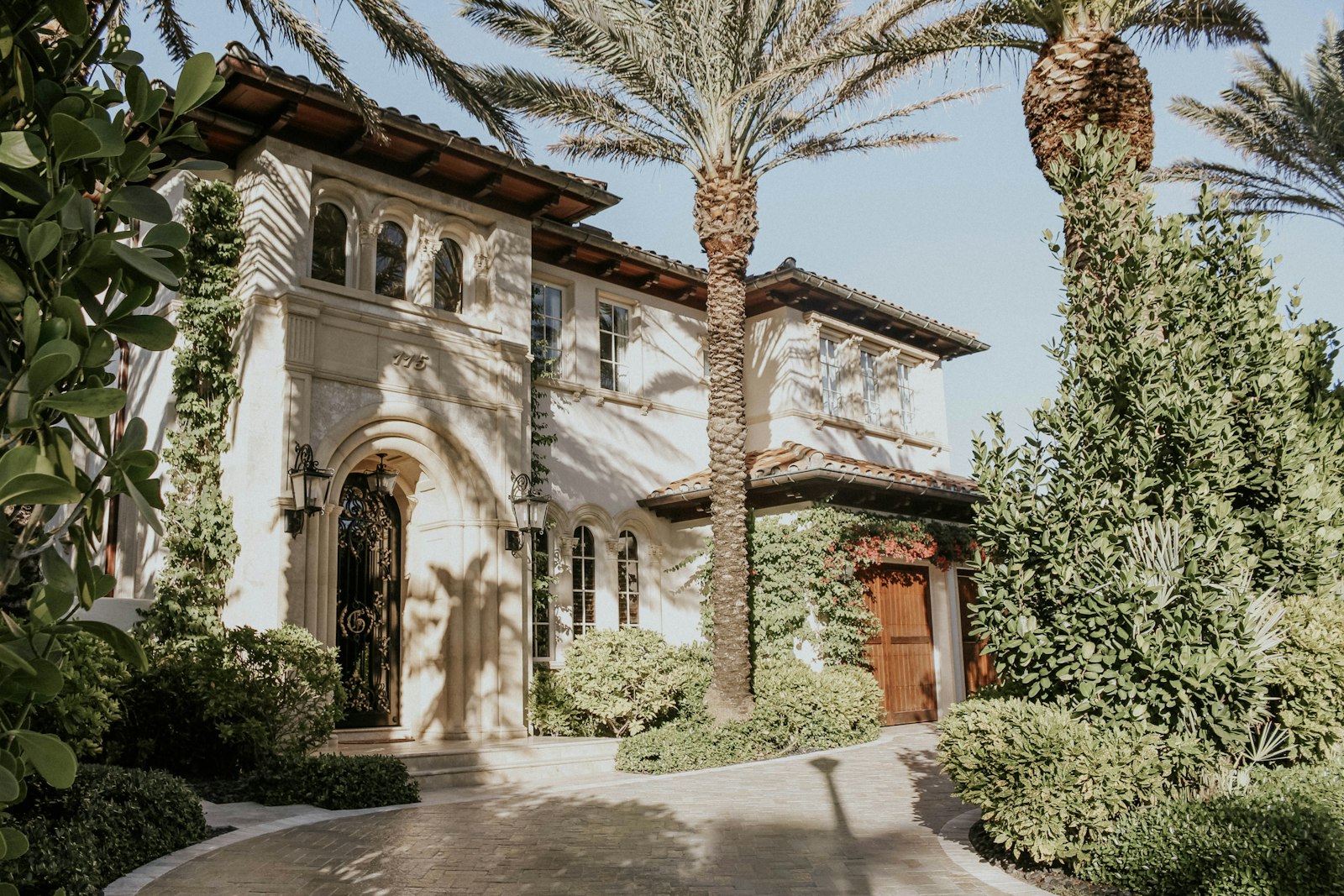 Villa aux volets clairs devant un grand palmier